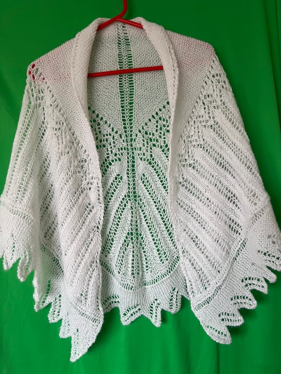 Handmade knitted triangular shawl white 