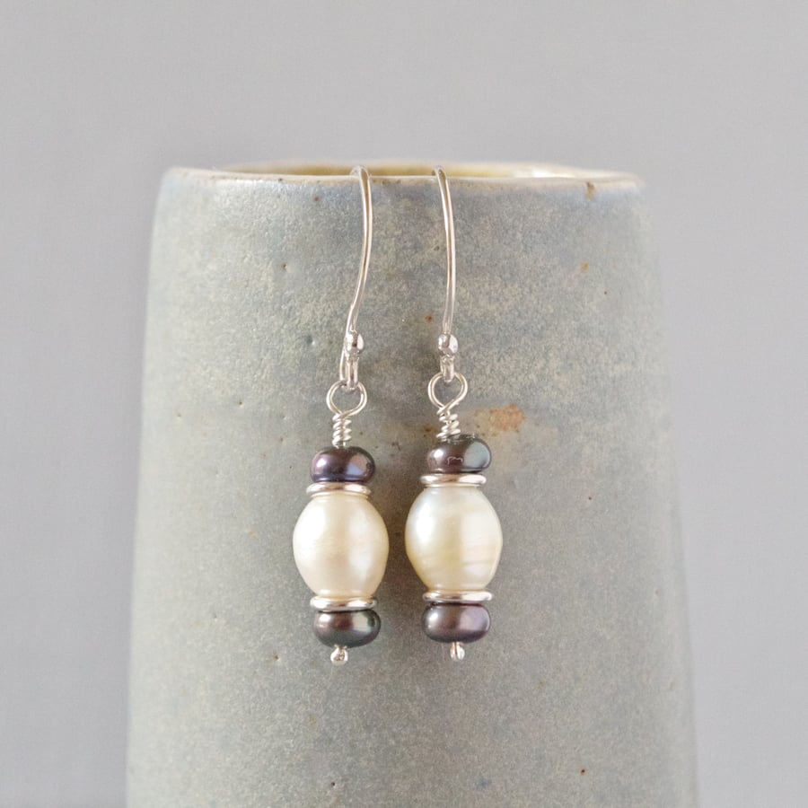 Monochrome Freshwater Pearl and Sterling Silver Earrings June Birthstone