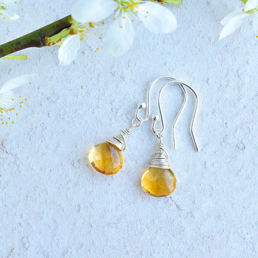 Gorgeous Yellow Citrine Sterling Silver wrapped Briolette Earrings