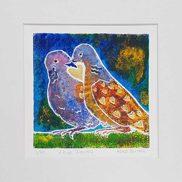 Love Doves - original hand painted lino print 002