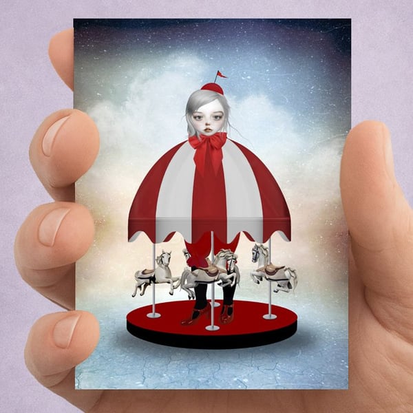 Carousel Girl ACEO Card – Whimsical Big Eye Surreal Art
