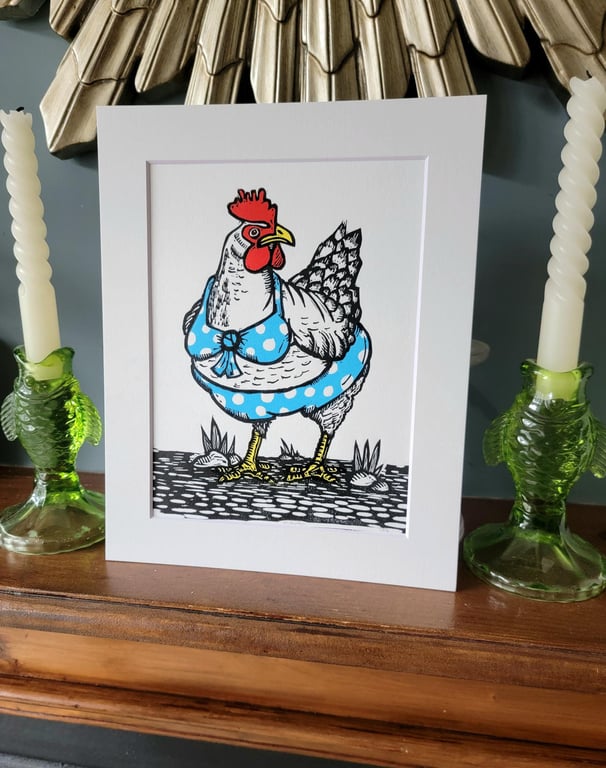 Holiday Hen - handmade linocut chicken bird art print