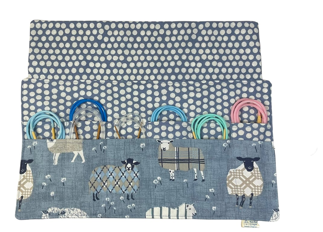 Circular knitting needle case with blue sheep, fixed circular case, sock needles