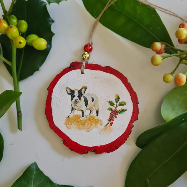 Christmas decoration boston terrier dog wood slice hanging decoration