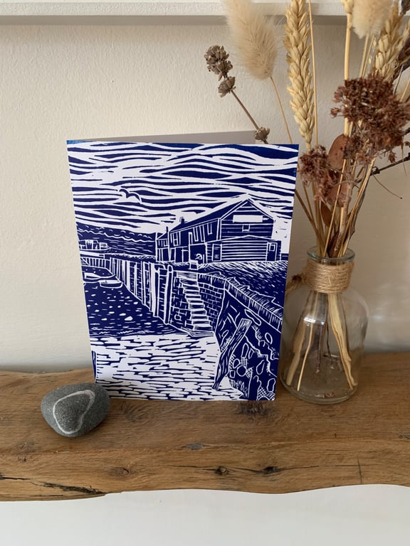 original Lino print card of the Cobb buildings at Lyme Regis