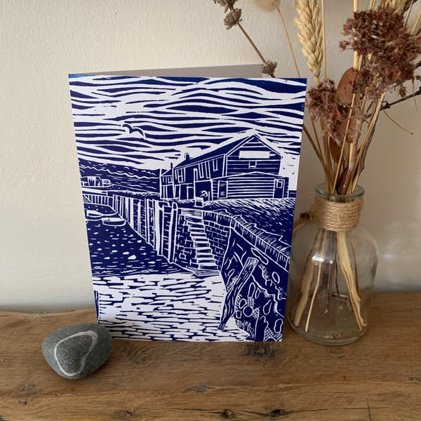original Lino print card of the Cobb buildings at Lyme Regis