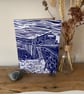 original Lino print card of the Cobb buildings at Lyme Regis