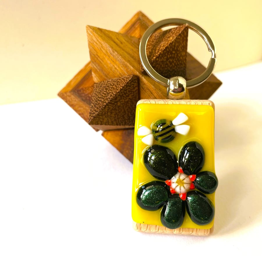 Little Bee fused glass keyring, bag charm