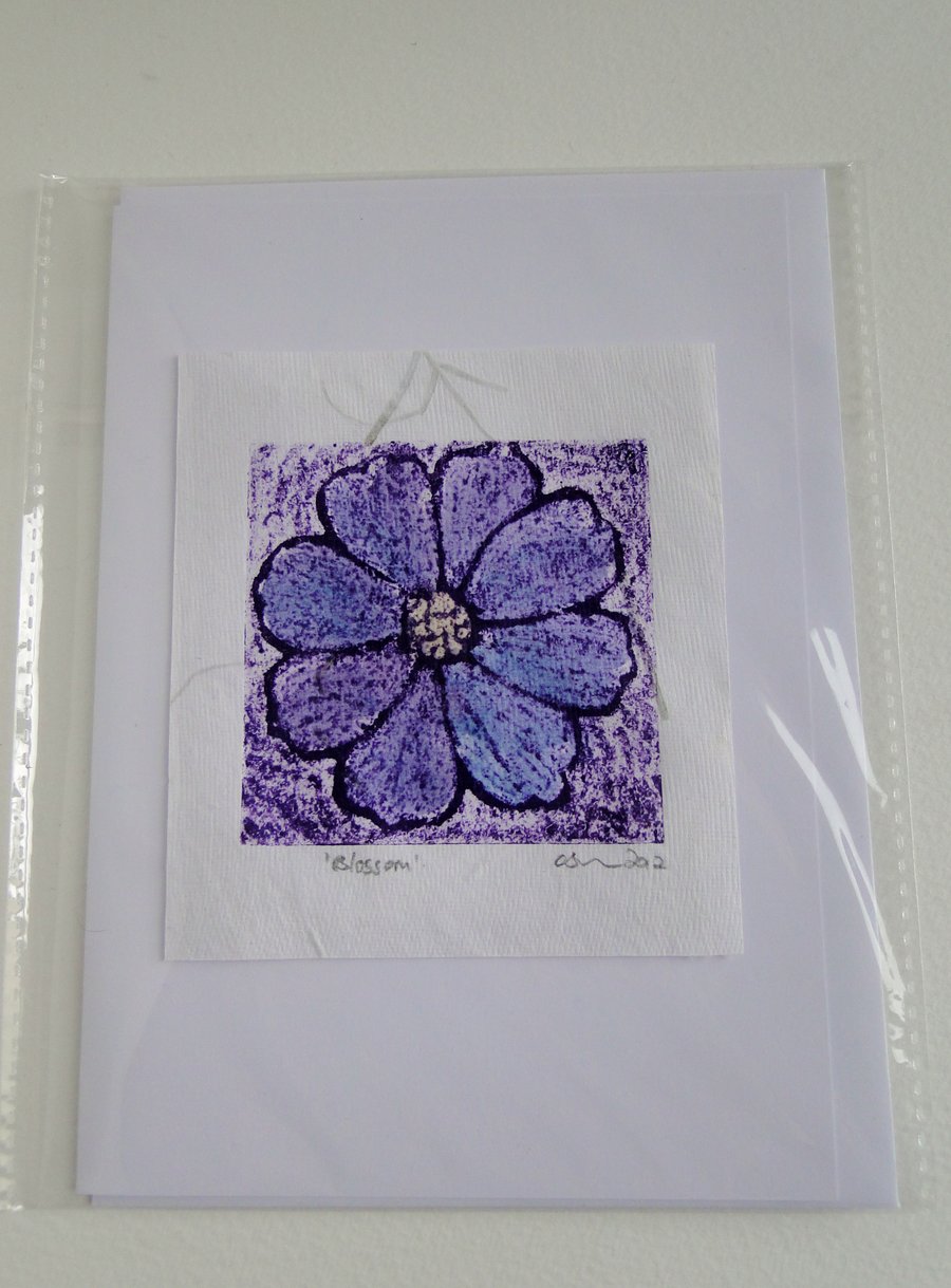 Blue Purple Blossom Flower Blank Greeting Card Collagraph Print with Watercolour