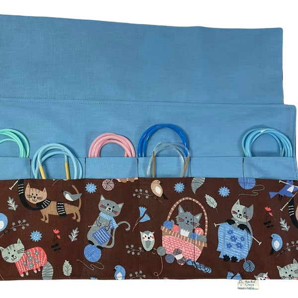 fixed Circular knitting needle case with cats, sock needles roll, needle wallet,