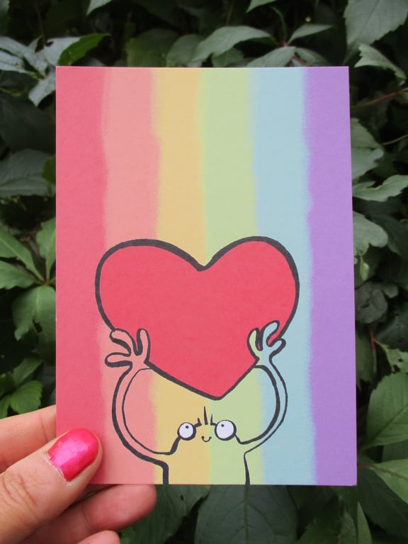 A6 “Rainbow and Heart” Postcard with cute monster and BIG heart