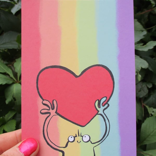 A6 “Rainbow and Heart” Postcard with cute rainbow monster and BIG heart