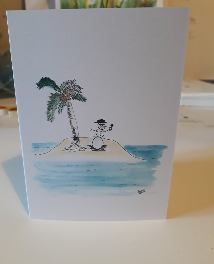 Snowman on holiday on a desert island, Blank card printed from original design