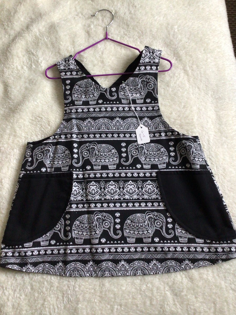 Child’s Artisan Apron. Black and white Elephants. 4 to 5 years.