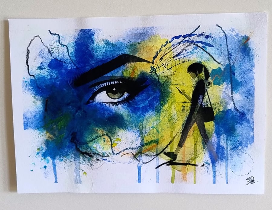 The Watchful City - Original Mixed Media Acrylic Painting on Paper - Unframed