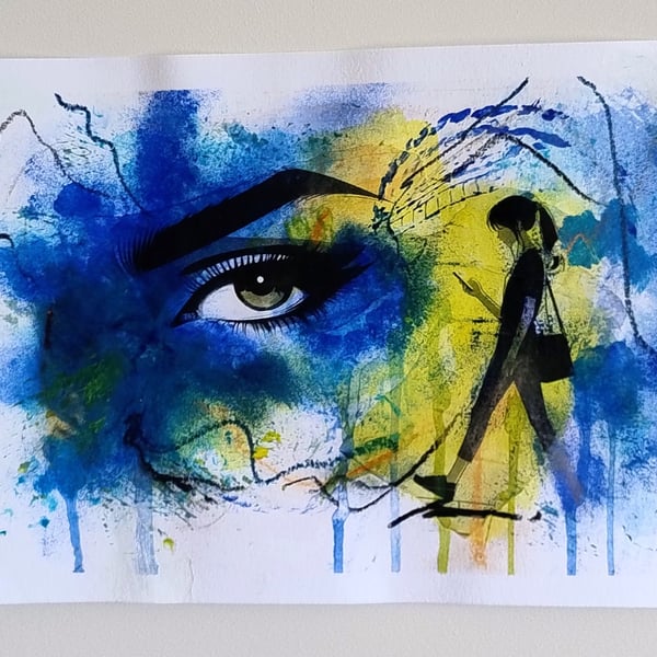 The Watchful City - Original Mixed Media Acrylic Painting on Paper - Unframed