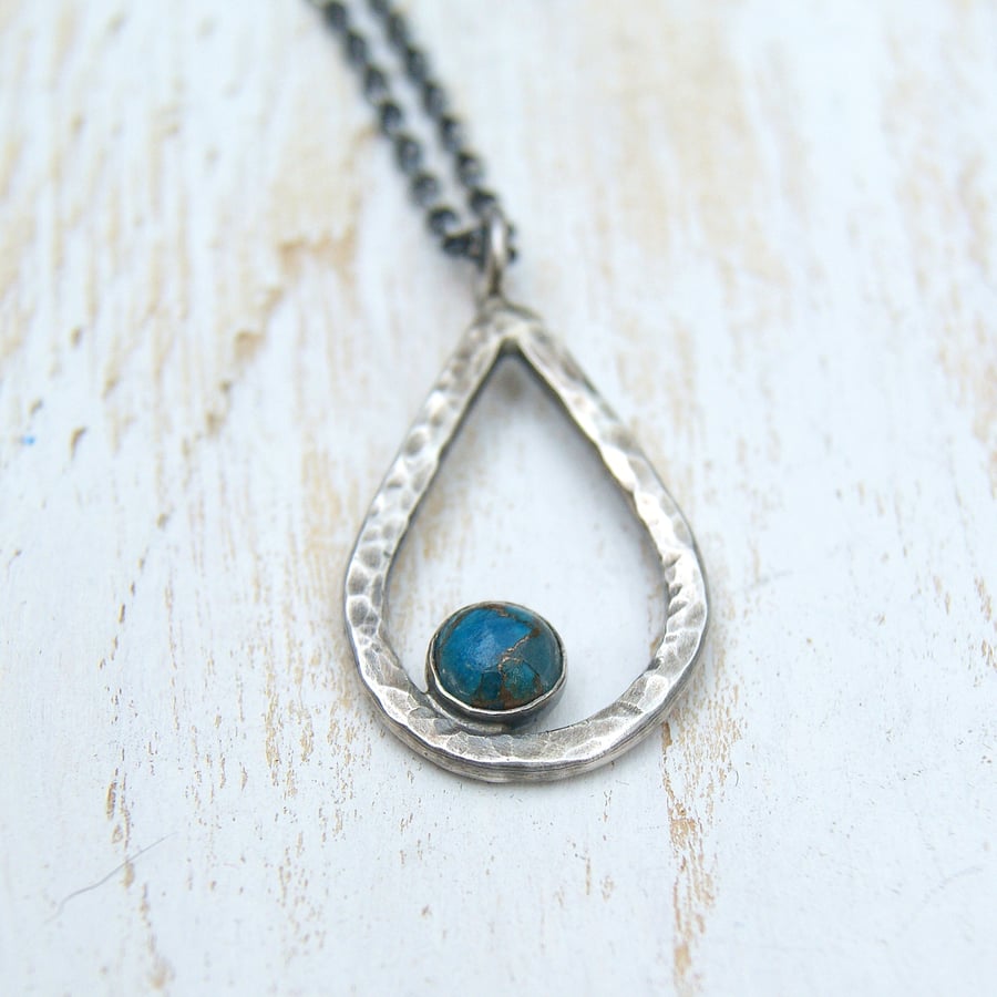 Blue Copper Turquoise Necklace, Silver Hammered Pendant, December Birthstone
