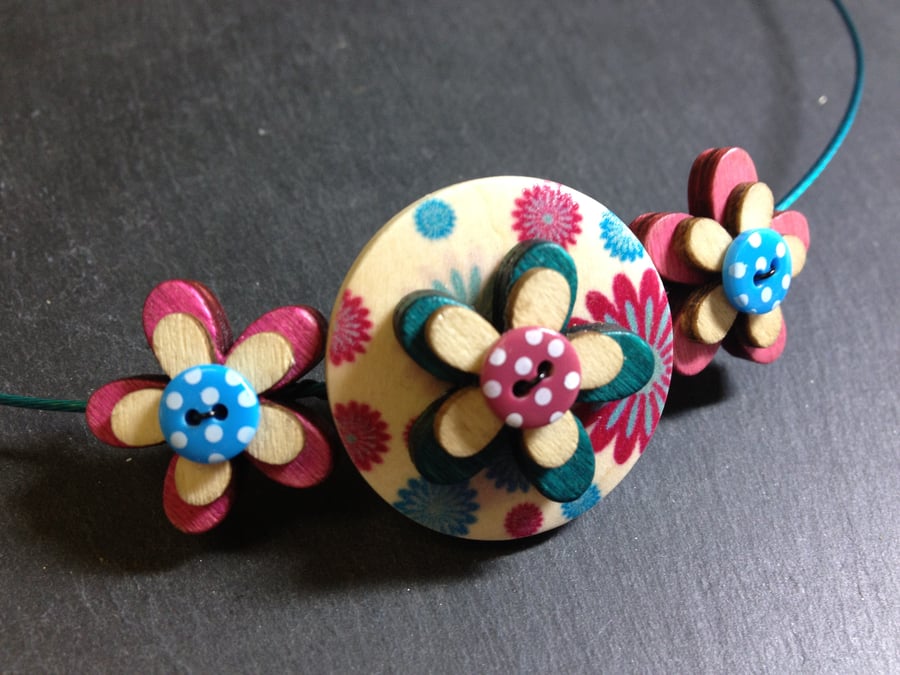 Focal Button Choker Necklace Triple Stacked Turquoise and Pink