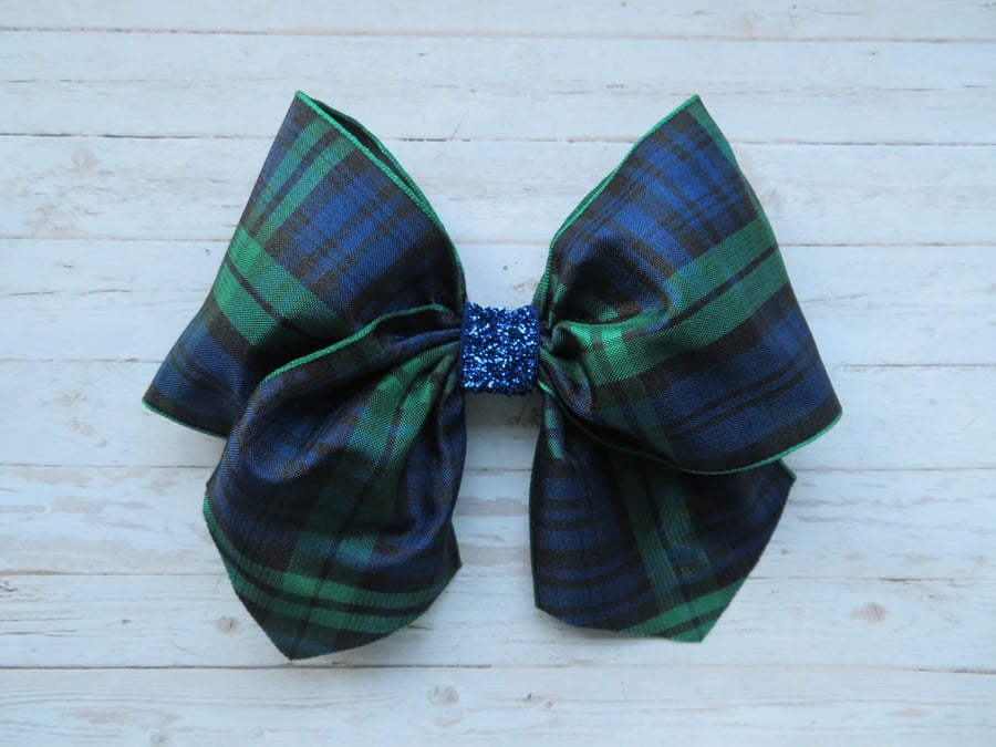 Black Watch Tartan Plaid Sapphire Glitter Retro Clip Hair Bow 