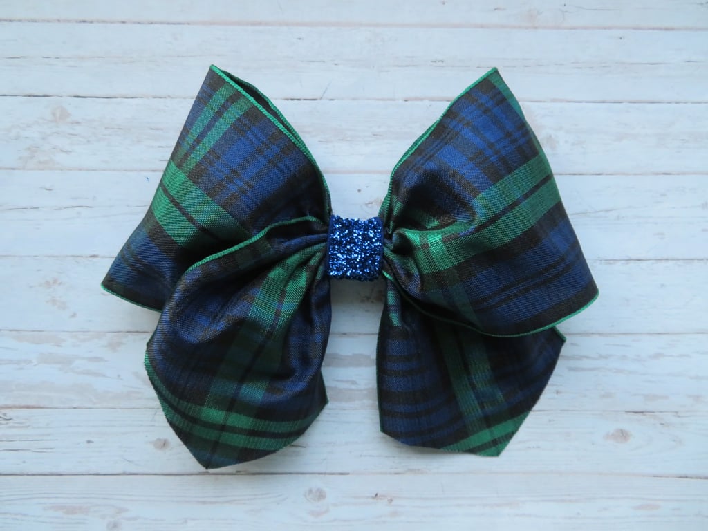 Black Watch Tartan Plaid Sapphire Glitter Retro Clip Hair Bow 
