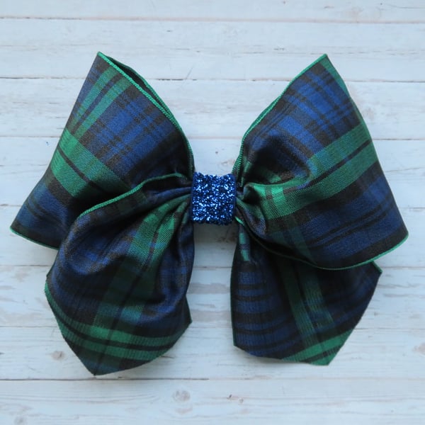 Black Watch Tartan Plaid Sapphire Glitter Retro Clip Hair Bow 