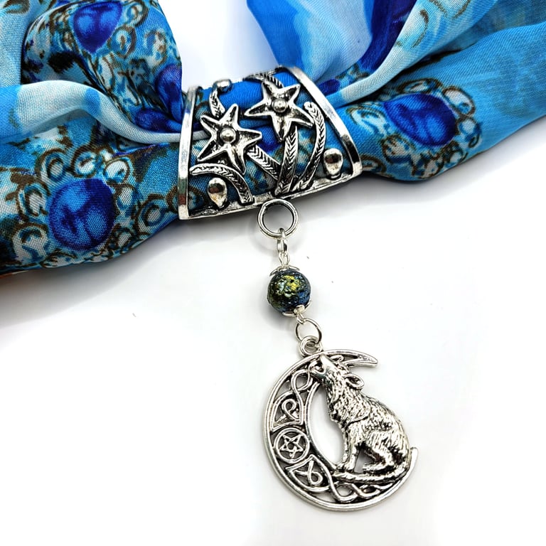 Moon, Stars & Wolf Scarf Ring Pendant, Electropate Lava Rock Beading