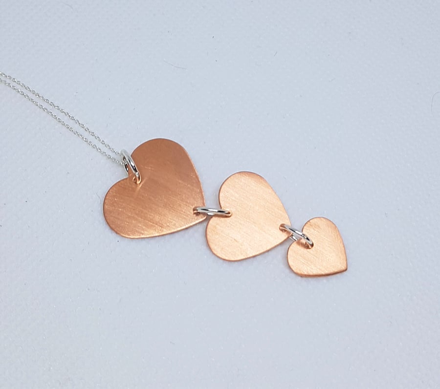 Brushed Satin Effect Copper Heart Trio and Sterling Silver Pendant