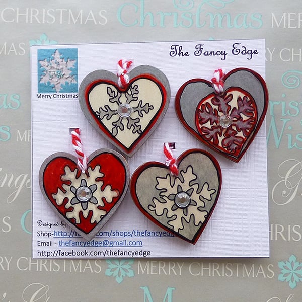 Hearts - hanging decorations - snowflakes - red, silver, pack of four