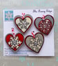 Hearts - hanging decorations - snowflakes - red, silver, pack of four - Image 1