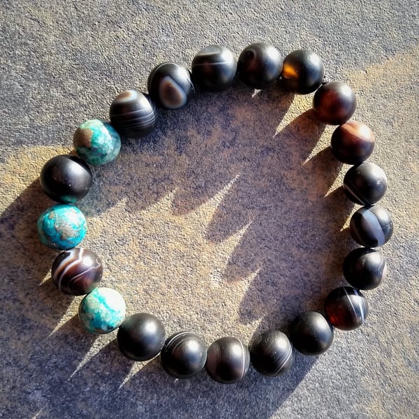 Matte Black Stripe Agate & Blue Jasper Stretchy Unisex Bracelet 7 - 8 inch 