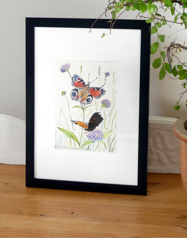 Framed Peacock Butterfly and Flowers Botanical Watercolour Original Painting