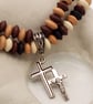 Men's  Necklace With Wooden Beads and Silver Double Cross, Gift for Him - Image 3