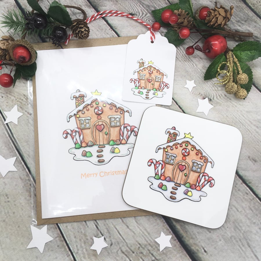 Christmas Gingerbread House Card, Gift Tag & Coaster Gift Set