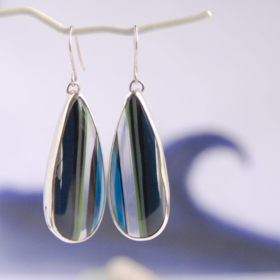 Cornish surfite earrings - navy and green stripe