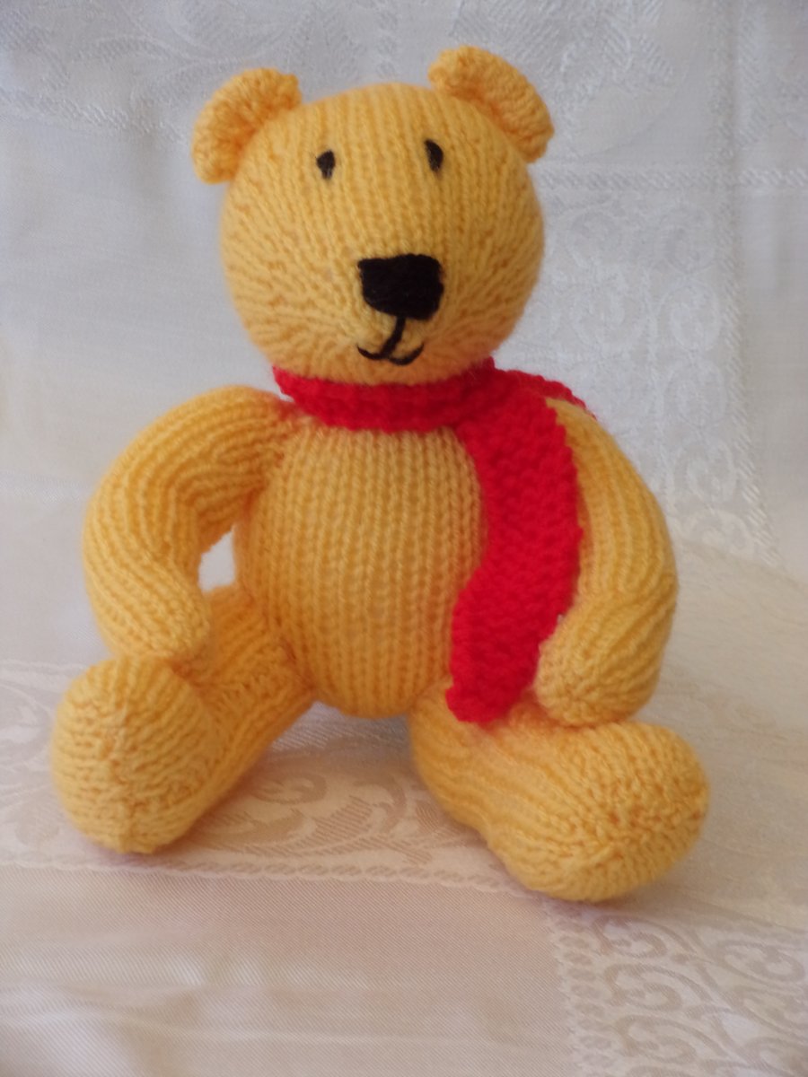 Knitted Teddy Bear with Red Scarf