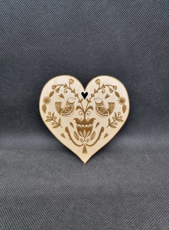 2 Love Birds, Folk Art Laser-etched and Laser cut from ply-wood, hand drawn