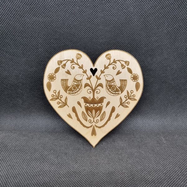 2 Love Birds, Folk Art Laser-etched and Laser cut from ply-wood, hand drawn