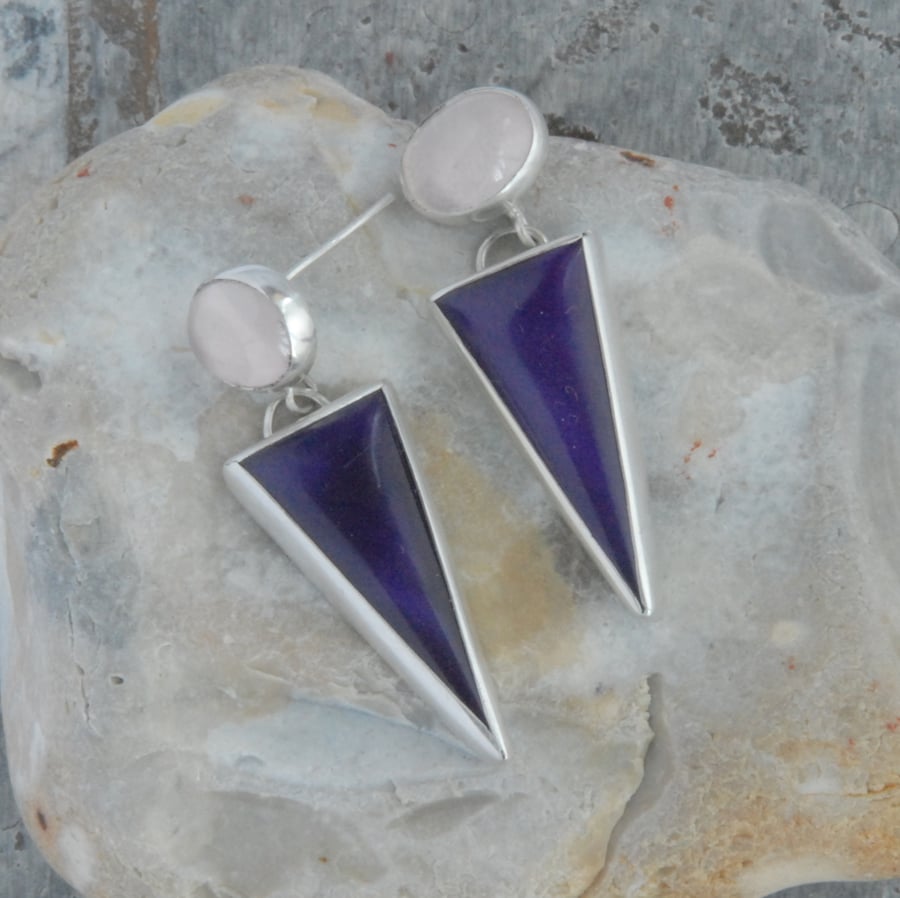 Rose quartz and purple bowlerite drop silver earrlings