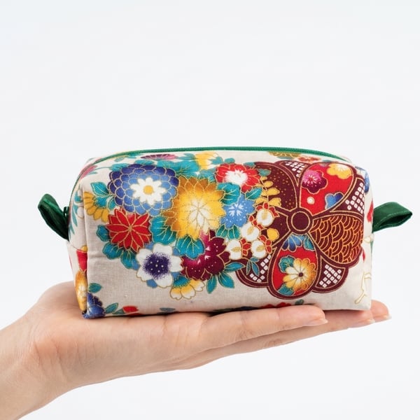 Handmade Japanese Floral Boxy Makeup Bag – Butterfly & Peony Print