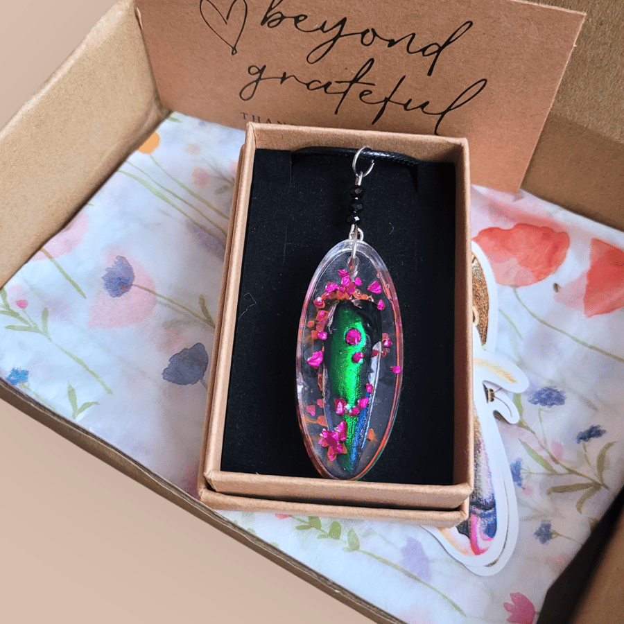 Resin Beetle Wing Pendant Necklace 