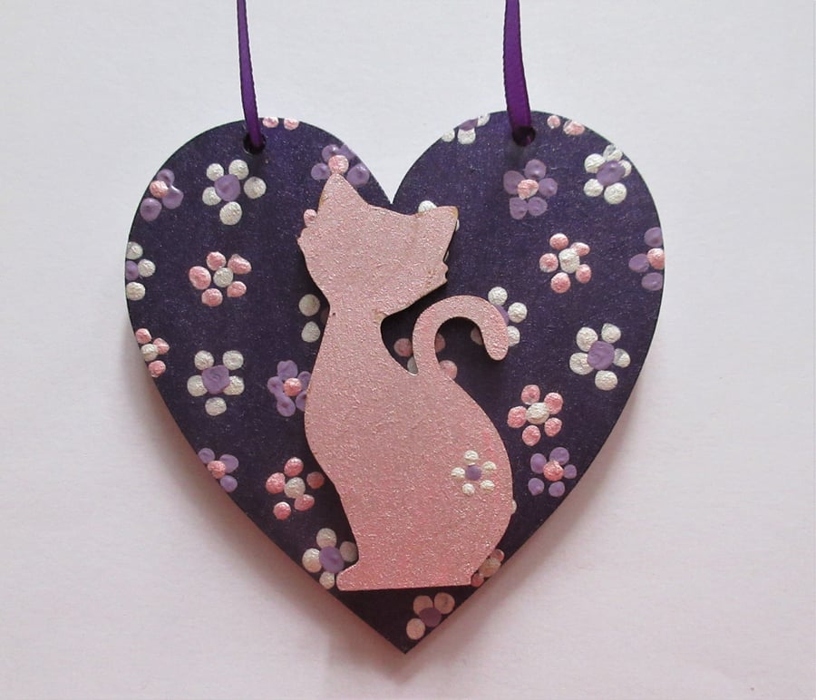 Cat Hanging Heart Decoration Hand Painted Ditsy Flowers