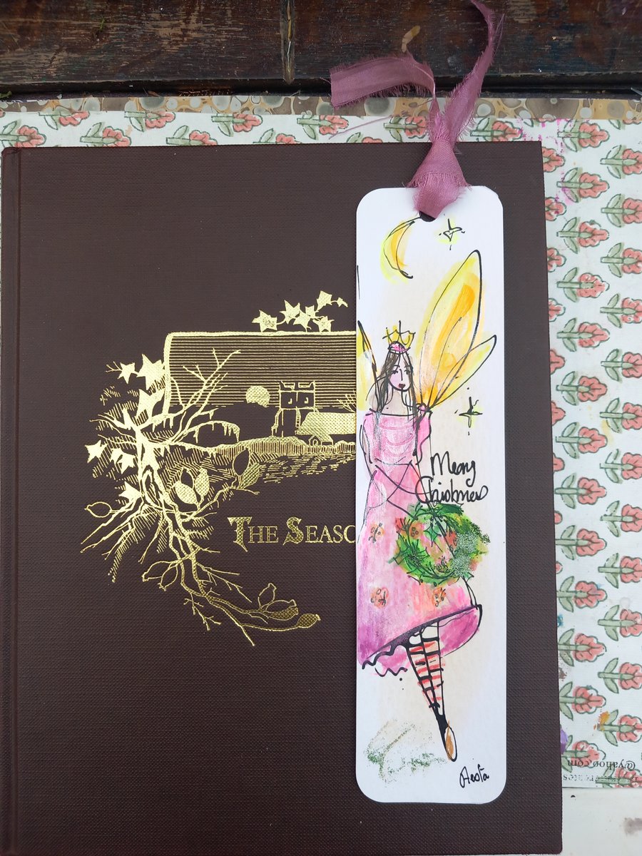 ' merry Christmas ' Hand drawn and painted bookmark with silk ribbon '