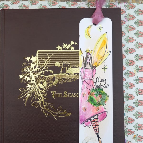 ' merry Christmas ' Hand drawn and painted bookmark with silk ribbon '