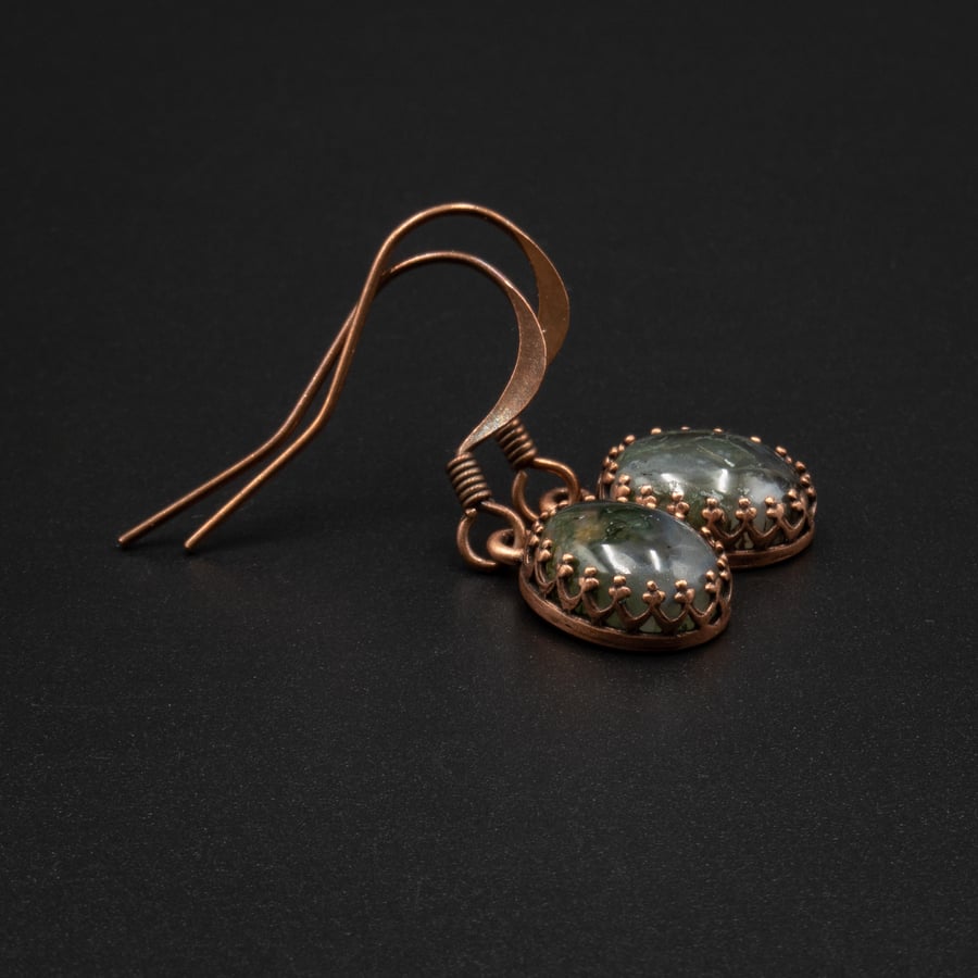 Moss agate copper handmade semiprecious stone earrings,  Taurus, Gemini jewelry