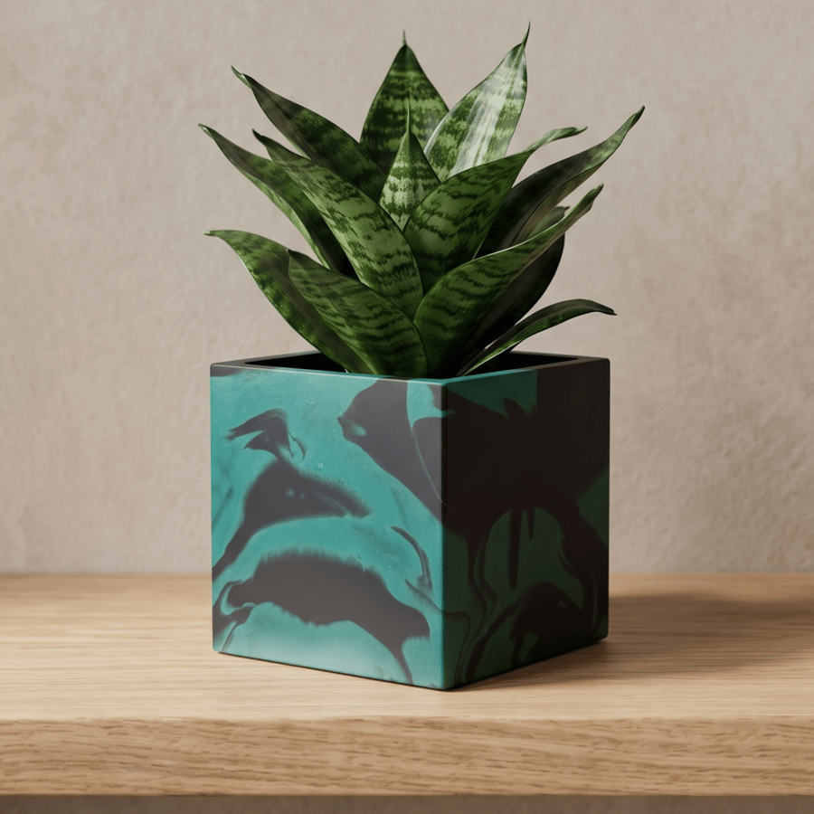 Persian Green and Black 10 cm Square Plant Pot - Marbled Indoor Planter