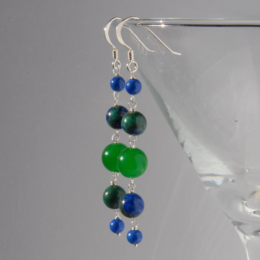 Long bright blue and green beaded sterling silver earrings