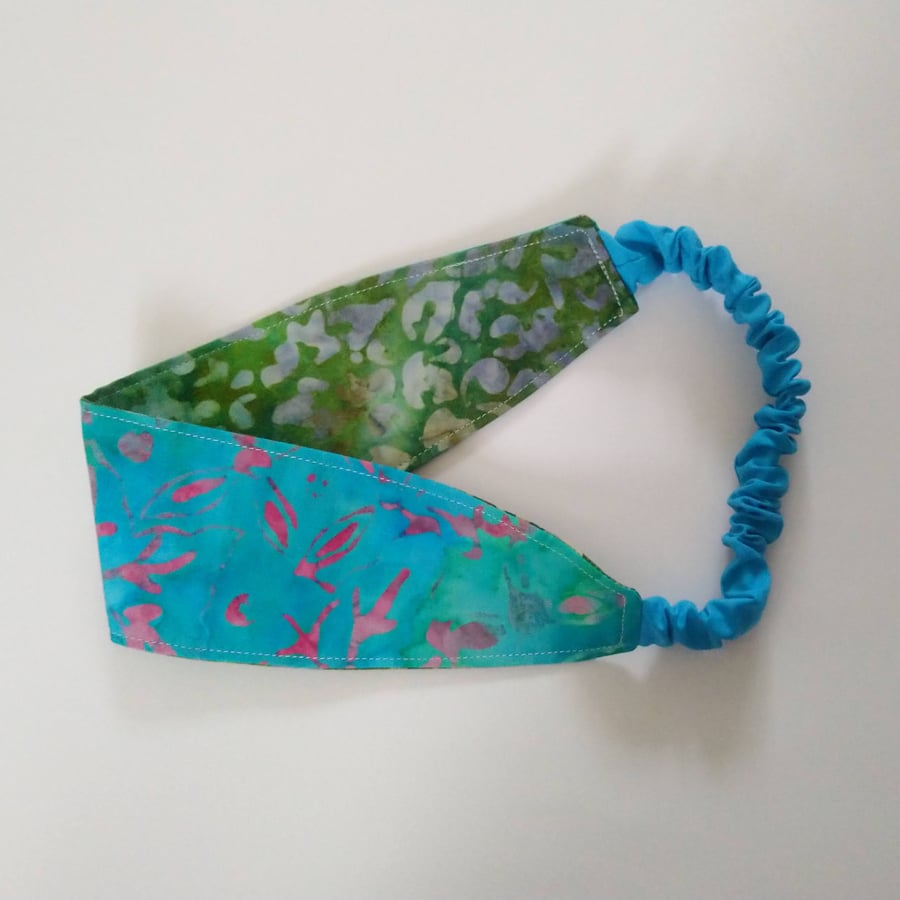 Blue and Green Batik Reversible Headband