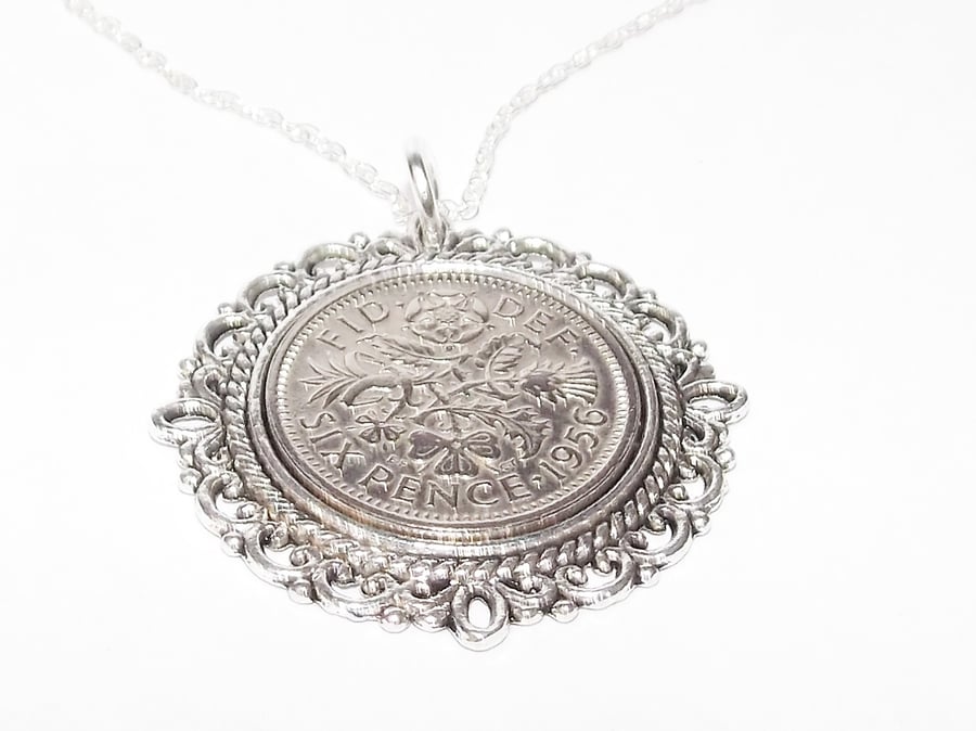 Fancy Pendant 1957 Lucky sixpence 64th Birthday plus a Sterling Silver 22in Chai
