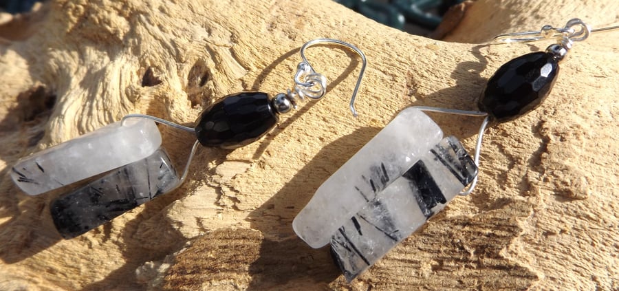 Black and white rutile quartz and agate drop earrings