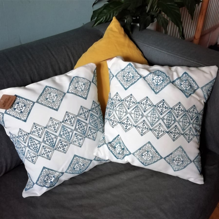 Handprinted Blue Tile Pattern Cushion